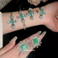 Silver Green Crystal Cross Necklace Bracelet Earring Pieces view 3