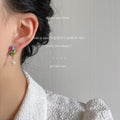Gold Tone Purple Tulip Green Leaf Pearl Drop Stud Earrings view 2