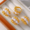 Gold Bead Cluster Ring White Shell Pearls Openwork Band Metal view 2