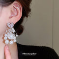 Silver Crystal Floral Earrings with Pearl Drop Fringe view 3