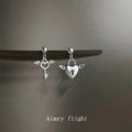 Silver-Tone Aged Winged Heart Lock Key Drop Stud Earrings view 1
