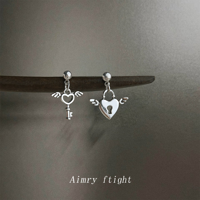Silver-Tone Aged Winged Heart Lock Key Drop Stud Earrings