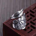 Antique Silver Peony Flower Leaf Open Adjustable Ring view 2