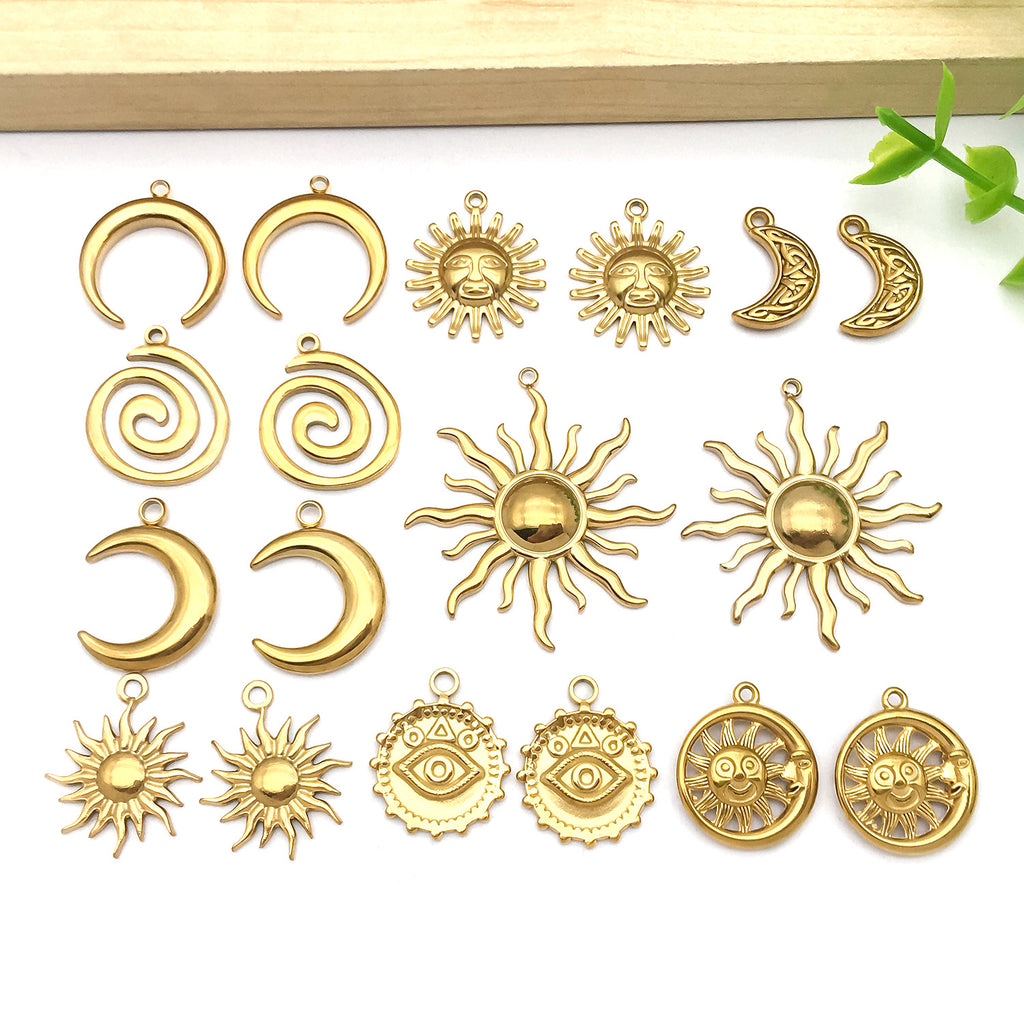 Gold Stainless Steel Sun Moon Evil Eye Charm Pendant for DIY Vintage Bracelet Jewelry