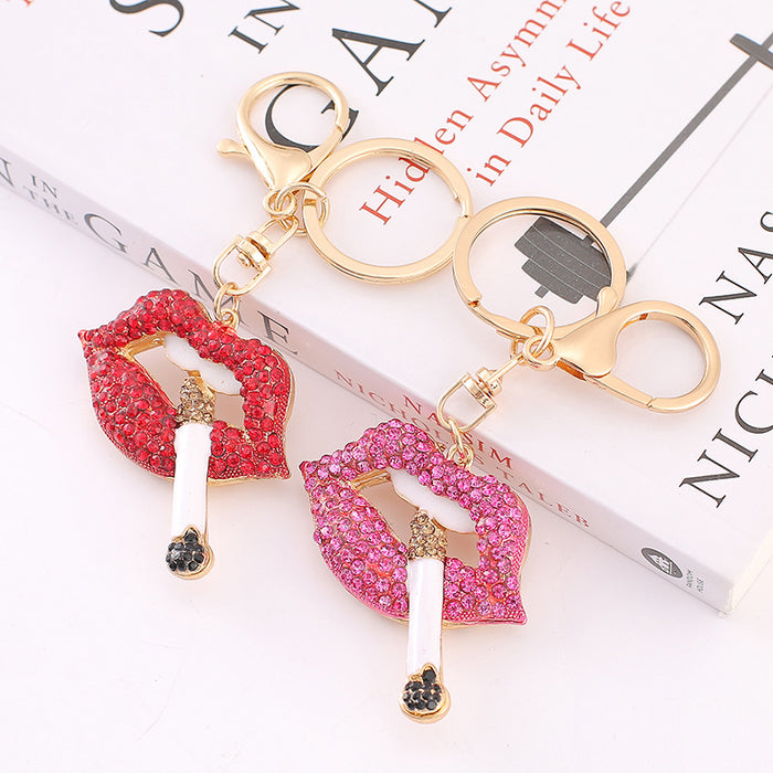Rhinestone Lips Cigarette Keychain Gold Clasp Red Magenta