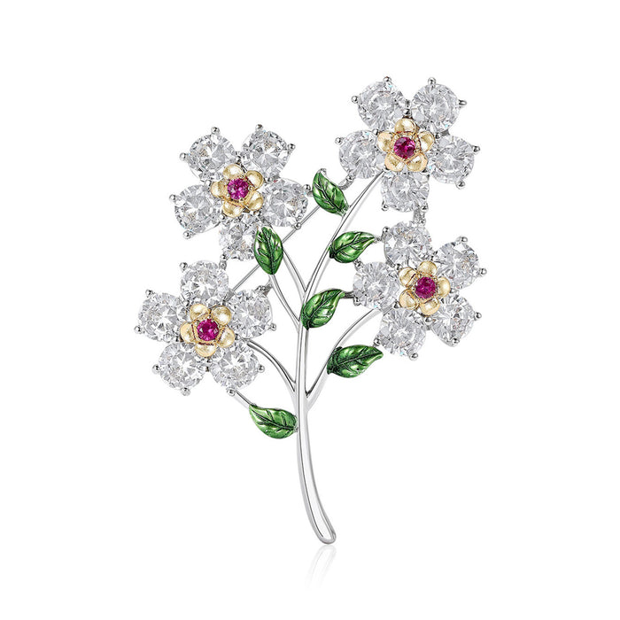 Zircon Four Flower Branch Brooch Silver Clear or Multicolor