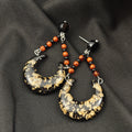Black Gold Crescent Moon Orange Bead Dangle Earrings view 4