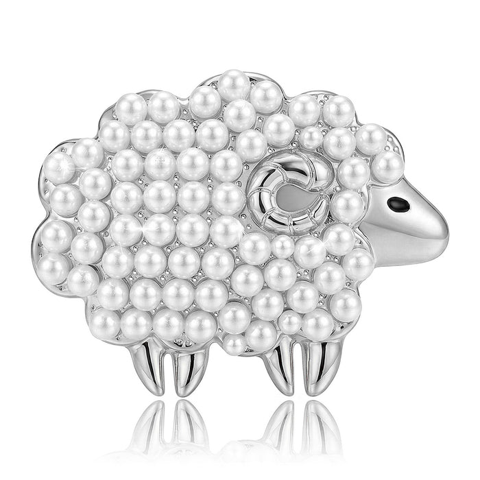 Pearl and Crystal Sheep Metal Brooch in Four Finishes
