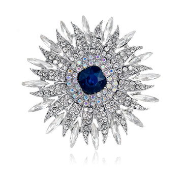 Blue White Sunflower Crystal Metal Brooch Pin for Jackets and Lapels