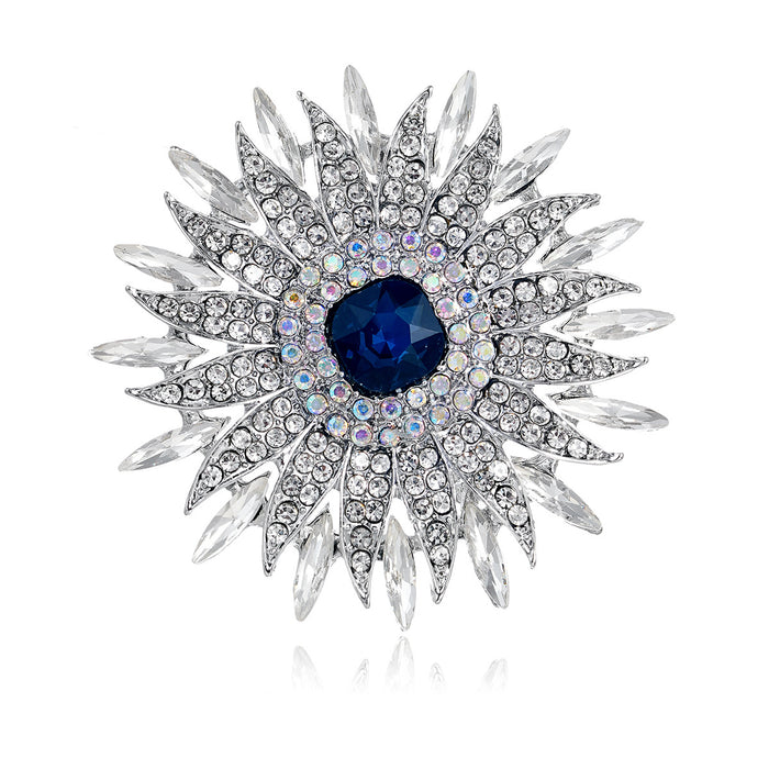 Blue White Sunflower Crystal Metal Brooch Pin for Jackets and Lapels