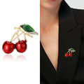 Red Double Cherry Enamel Brooch With Green Leaf and Crystals view 2