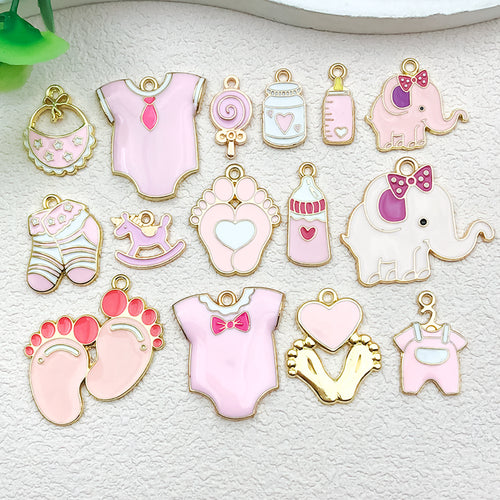 Colorful assorted shape charms arranged on a light background