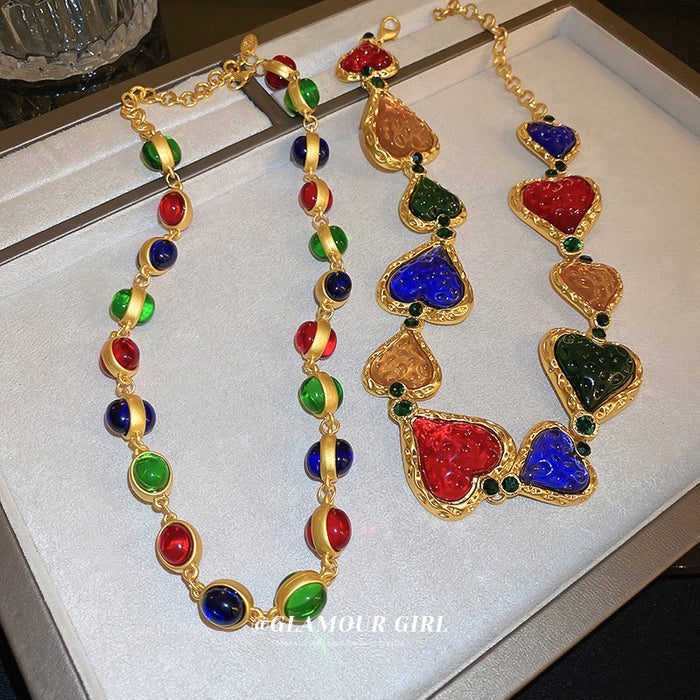 Gold Multicolor Wrinkled Heart And Oval Cabochon Necklaces