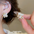 Gold Tone Floral Stud Earrings with Pearl Look Clusters view 1