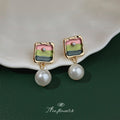 Gold-Tone Square Enamel Stripe Pearl Drop Earrings view 4