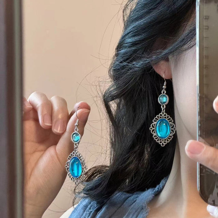 Blue Oval Cabochon Vintage Style Hook Earrings Fashion Jewelry for Women
