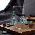 Blue Round Mandala Medallion Green Bead Hook Earrings view 6