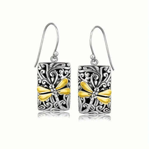 Product view showing rectangular silver-tone panels with black scrollwork and gold dragonflies