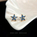 Gold Blue Five-Petal Flower Stud Earrings Marquise Stones view 4