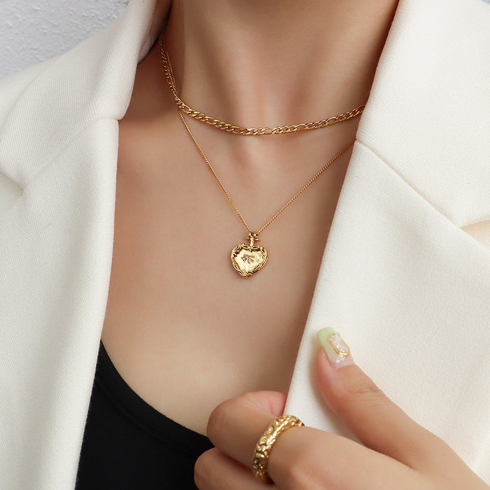 Gold Dual Layer Figaro Chain Heart Pendant Necklace