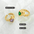 Gold Steel Chain Heart Open Rings Green Glass Purple Zircon Size 7 view 2