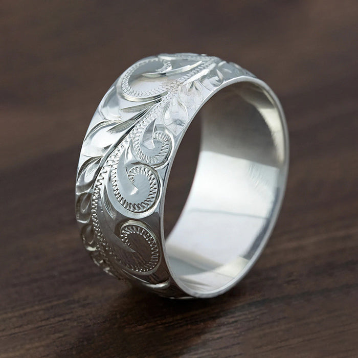 Wide Silver Tone Raised Embossed Vine and Leaf Scroll Band Ring