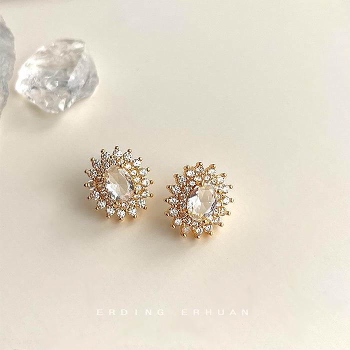 Gold Oval Clear Crystal Halo Stud Earrings Sunburst Pair