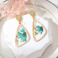 Gold Tone Triangle and Quadrilateral Resin Pressed Flower Drop Stud Earrings view 3