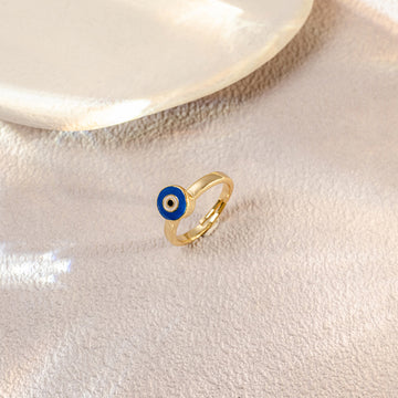 Blue Evil Eye Medallion Gold Tone Adjustable Open Ring
