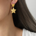 Textured Star Heart Double Drop Earrings Gold Steel Metal view 8