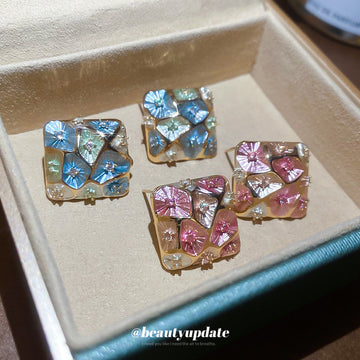 Gold Tone Mosaic Diamond Stud Earrings In Pink And Blue