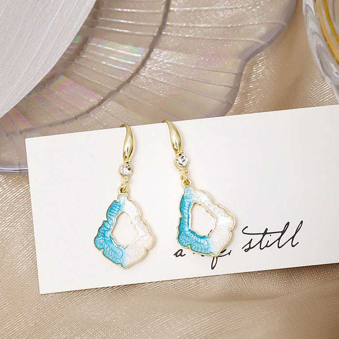 Blue White Enamel Open Geometric Drop Earrings Gold Hooks