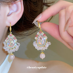 Ornate Crystal Teardrop Earrings With Pink Bead Drops