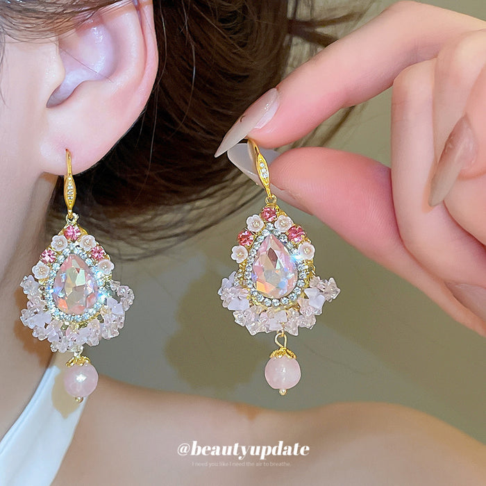 Ornate Crystal Teardrop Earrings With Pink Bead Drops