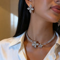 Rhinestone Double Row Flower Choker And Floral Studs view 4