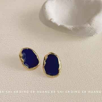 Navy Blue Enamel Irregular Organic Stud Earrings Gold Tone