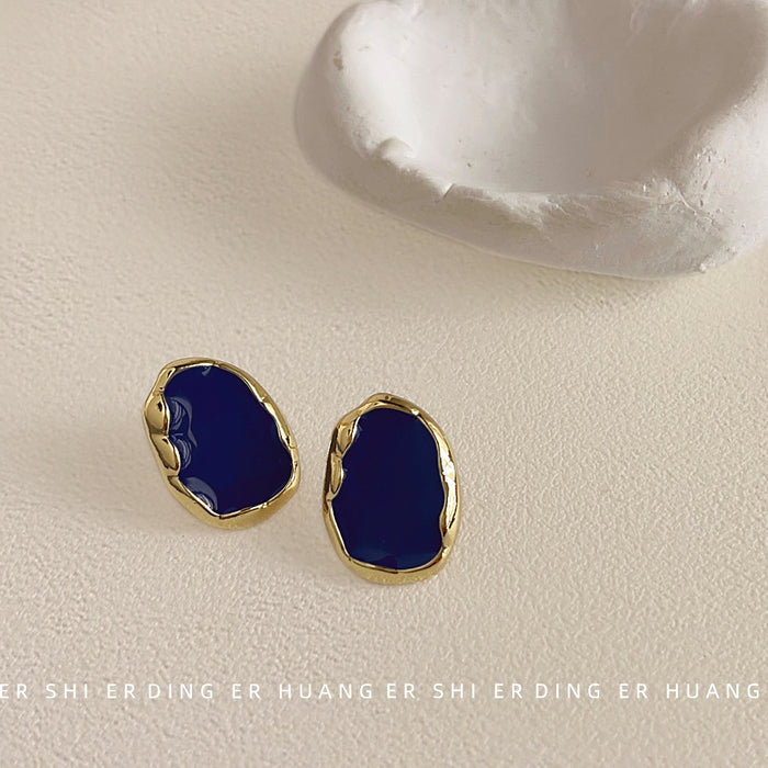 Navy Blue Enamel Irregular Organic Stud Earrings Gold Tone
