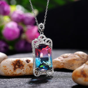 Gradient Rectangular Stone Crown Frame Pendant Necklace