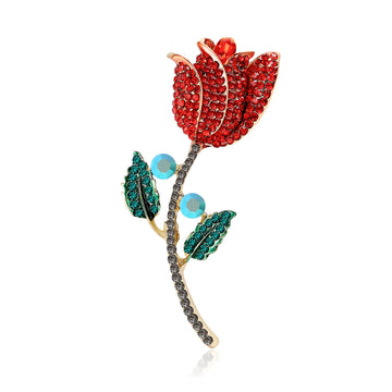 Long Stem Red Crystal Tulip Brooch With Green Leaves