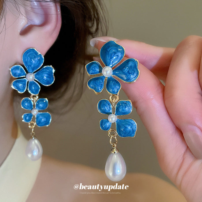 Blue Enamel Floral Cluster and Pearl Drop Stud Earrings