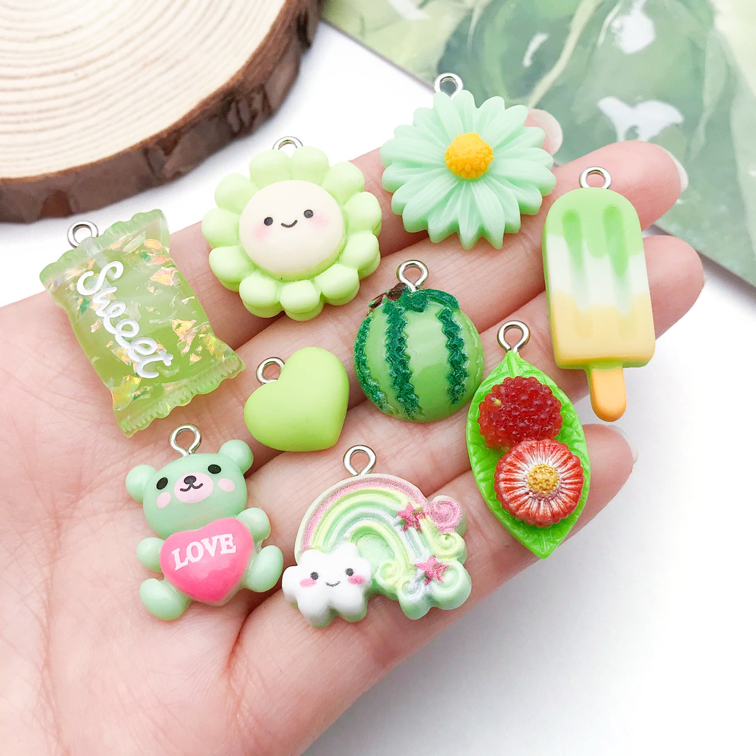 Green Resin Watermelon Ice Cream Bear Orange Charm Pendants for DIY Bracelet Necklace