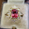 Pink Rectangular Stone Floral Halo Gold Tone Ring Polished Jewelry Accessory view 2