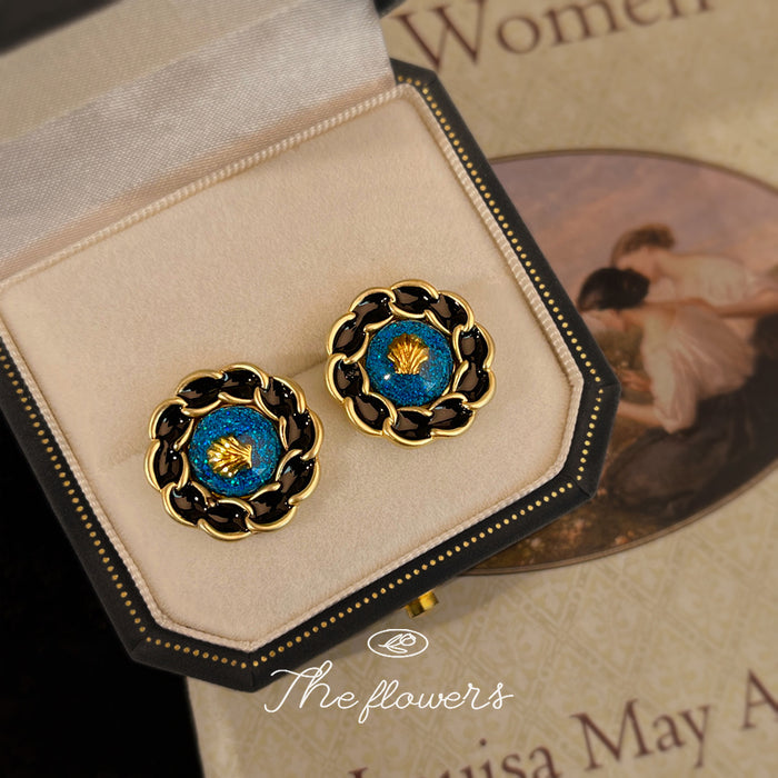 Gold Black Enamel Chain Round Stud Earrings Blue Shell Center
