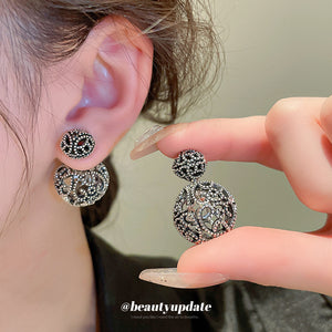 Gunmetal Filigree Double Circle Drop Stud Earrings