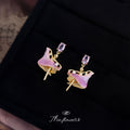 Gold Pink Enamel Ballerina Drop Earrings Purple Crystal Pair view 6