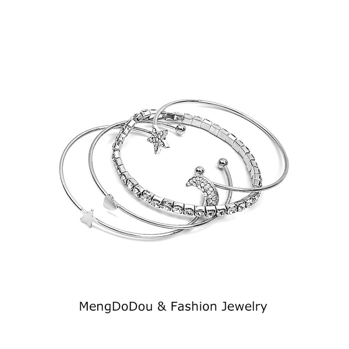 Silver Star Moon Heart Rhinestone Open Bangle Bracelet Set