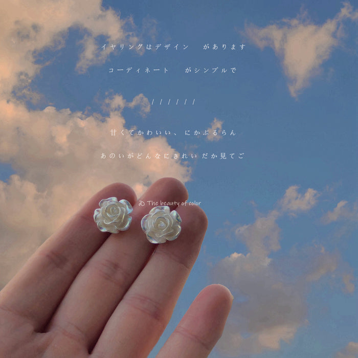 Pearlescent White Resin Rose Flower Stud Earrings Pair