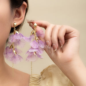 Purple Sheer Flower Drop Earrings with Gold-Tone Chain Tassels