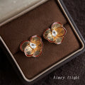 Gold Fan Petal Flower Stud Earrings Burgundy Rim CZ view 4