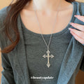 Silver Ornate Cross Pendant Necklace Fine Chain Fleur Tips view 3